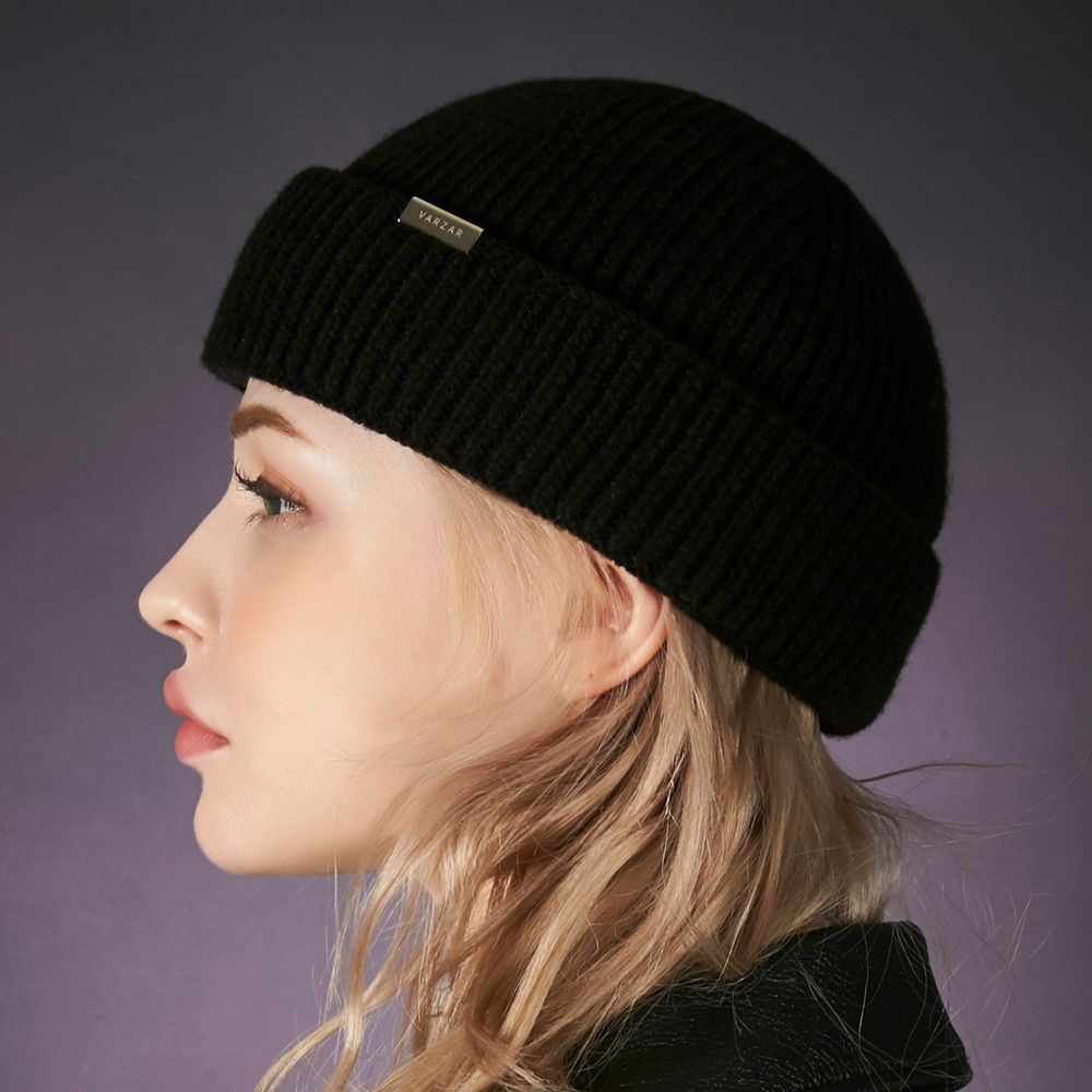 Bold Metal Tip Hard Wool Watch Cap - Black