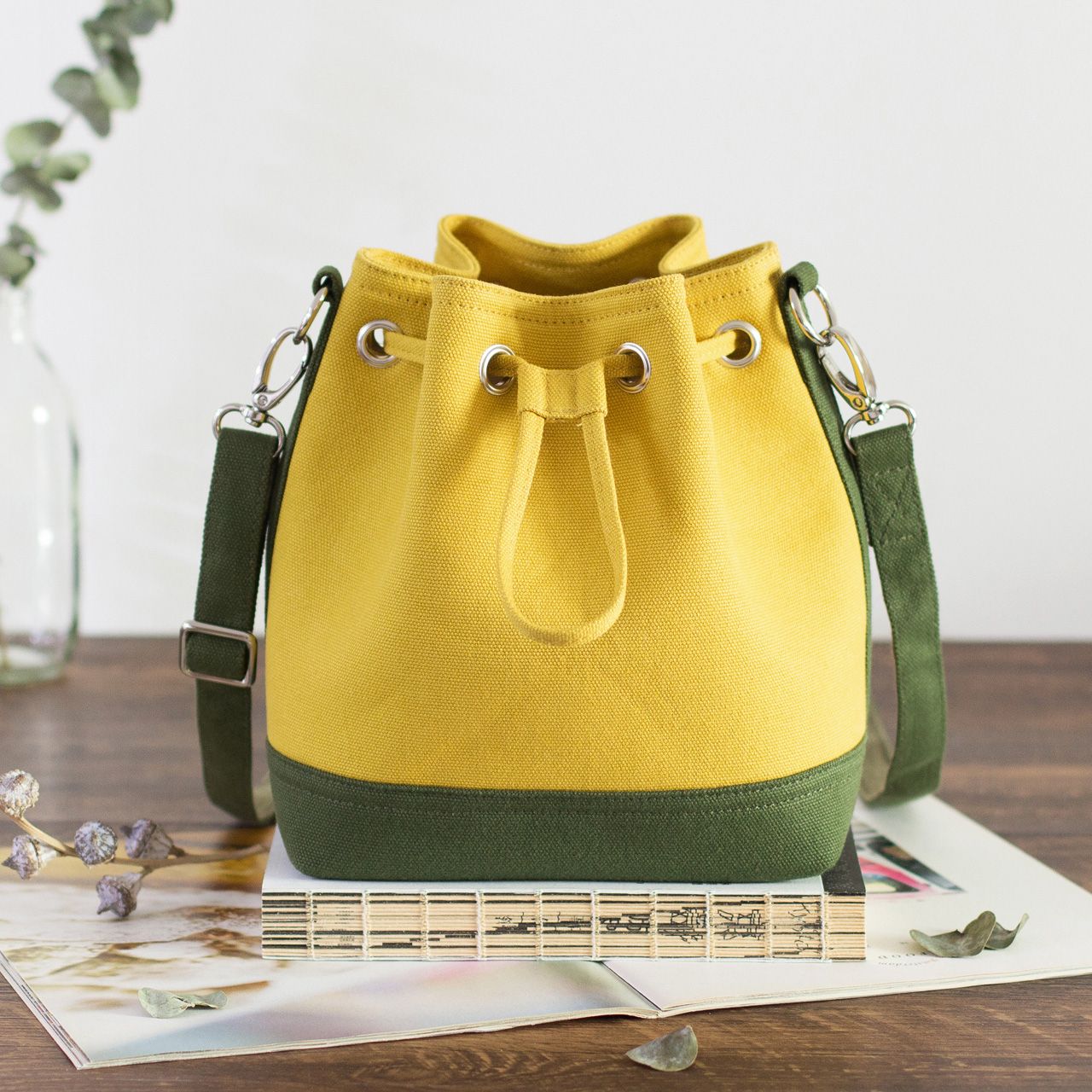 Small Canvas Bucket Bag - Yellow x Green